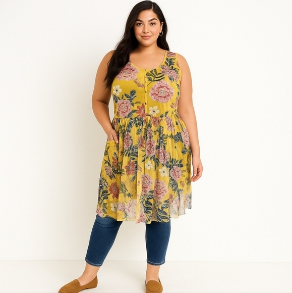Cato Plus Floral Mesh Duster Sheer Coastal Cover Up Yellow Blue Top Jacket 18 20 - Picture 1 of 10